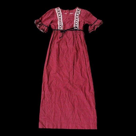 Vintage 1970s Handmade Prairie Dress Red Black White Lace Retro Cotton Belted - Picture 2 of 5